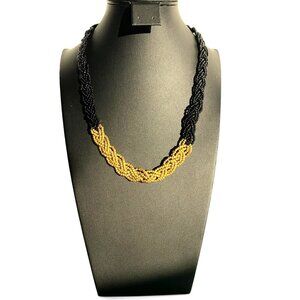 Two-Tone Black & Gold Beaded Braided Necklace With Adjustable Chain Closure 19"L